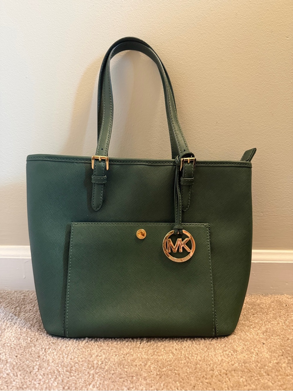 Michael Kors Dark Green Saffiano Leather Shoulder Tote with Gold Logo Charm